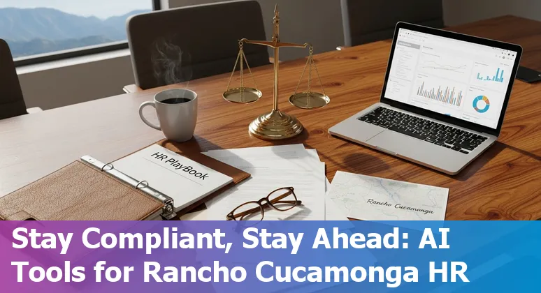 HR professional using AI tools on a laptop in an office in Rancho Cucamonga, California, USA