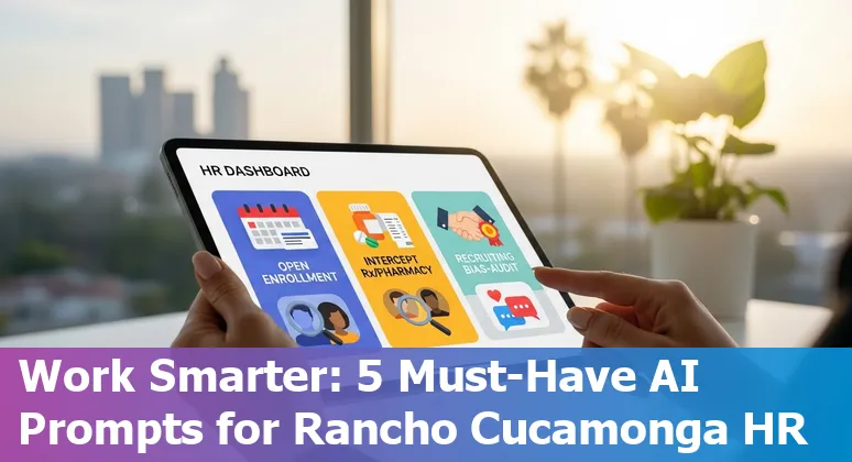 HR professional using AI on a laptop to draft Open Enrollment emails and benefits one-pager for Rancho Cucamonga employees.