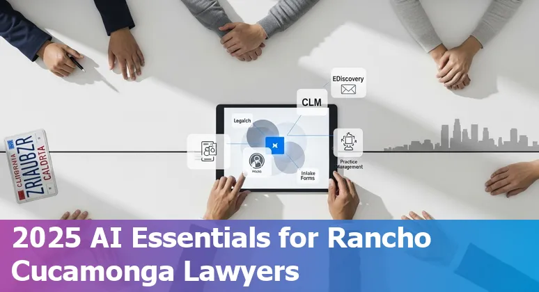 Lawyers in Rancho Cucamonga using AI legal tools on laptops, with icons for Casetext, Clio, Lexis+, Relativity, and Spellbook.