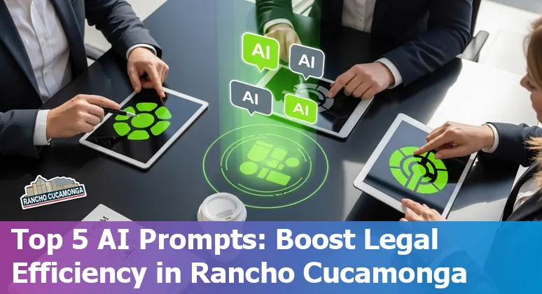 Legal professional using AI prompts on a laptop with Rancho Cucamonga skyline overlay.