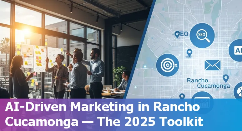 Collage of AI marketing tools' logos over a Rancho Cucamonga skyline with icons for content, ads, SEO, and email.