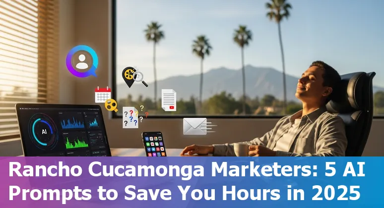 Local marketer using AI prompts on laptop with Rancho Cucamonga map and landmarks in background.
