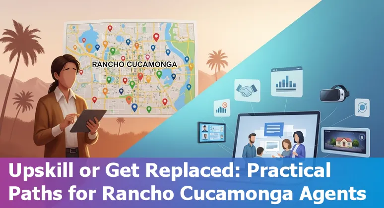Rancho Cucamonga real estate office workers at desks with AI and property management software on screens.