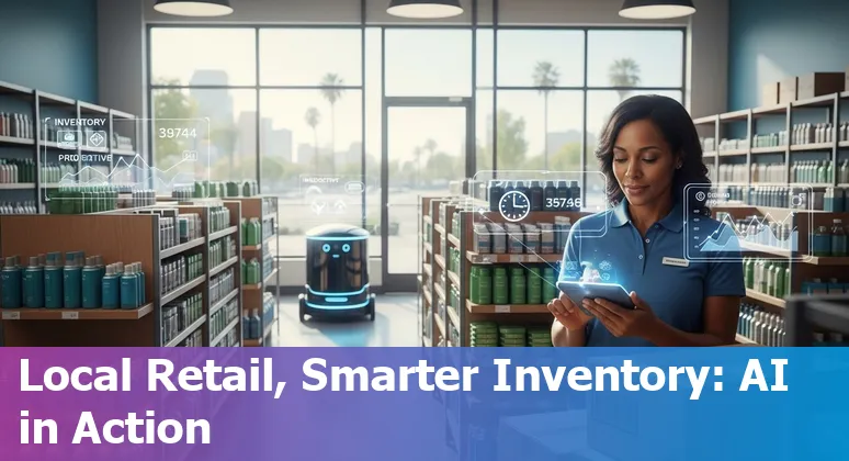 Retail workers using AI tools in a Rancho Cucamonga, California store to manage inventory and assist customers.