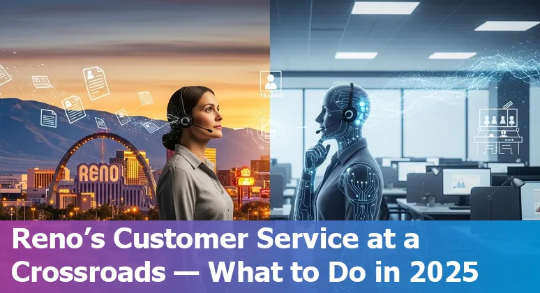 Customer service worker with headset and Reno, Nevada skyline — AI and human teamwork in 2025