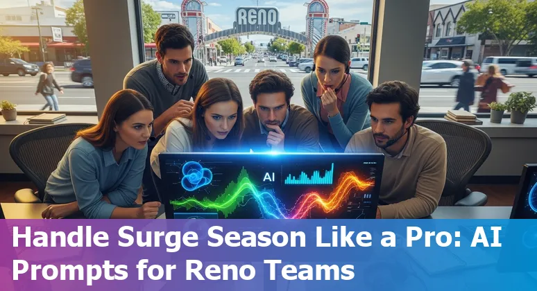 Customer service professional in Reno using AI prompts on a laptop with Reno skyline in background.