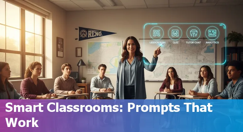 Educator using AI tools to design course materials with University of Nevada, Reno branding in a classroom setting.