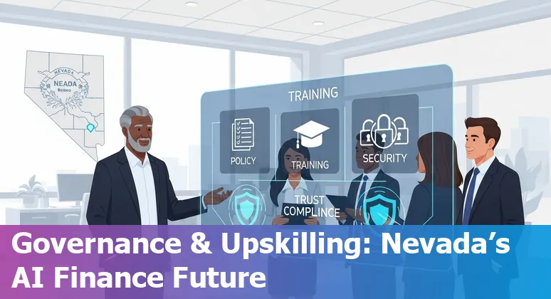 Finance professional using AI dashboard in Reno, Nevada with University of Nevada, Reno PACK AI logo in the background