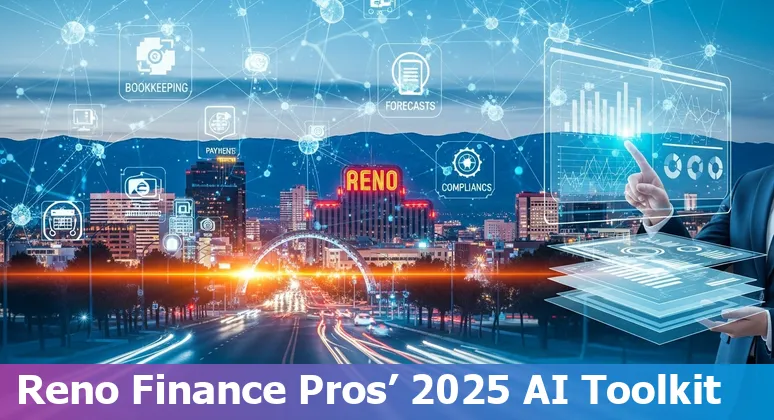 Finance professional using AI tools dashboard for forecasting and invoicing in Reno, Nevada skyline in background