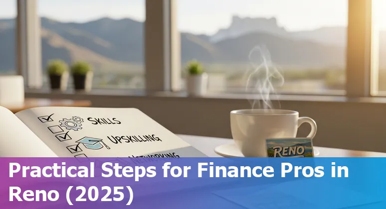 Finance professional using AI tools on laptop in Reno, Nevada skyline background, Nevada, US