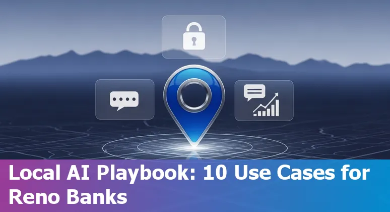 Illustration of AI use cases in Reno financial services, featuring chatbots, fraud detection, and local landmarks.