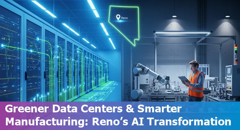Reno, Nevada city skyline with icons for AI, data centers, and government services