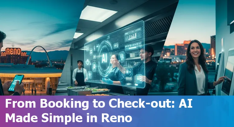 Hotel lobby with AI-driven kiosk and Lake Tahoe mountains visible near Reno, Nevada