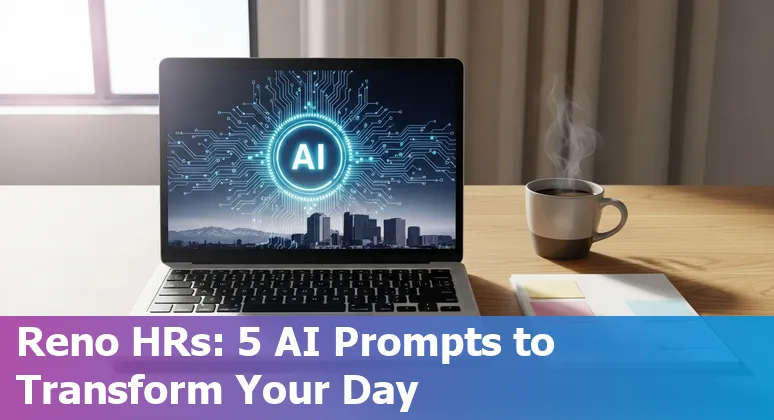 HR professional in Reno using AI prompts on a laptop to write job outreach, job descriptions, and onboarding plans.