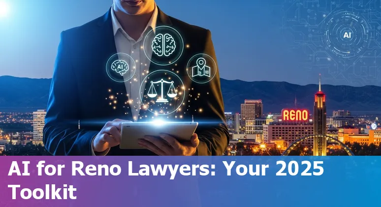 Reno, Nevada legal professional using AI tools in 2025 on a laptop with Reno skyline background
