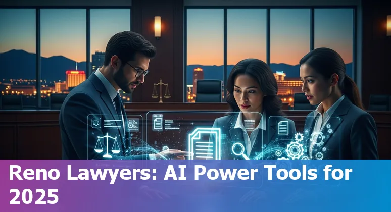 Reno skyline overlaid with icons for AI tools and legal documents representing top AI tools for lawyers in 2025.