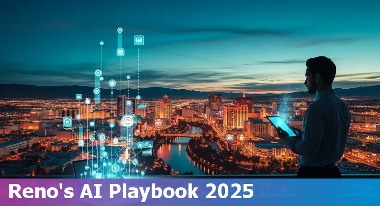 Marketing professional using AI tools with Reno, Nevada skyline and UNR campus in the background