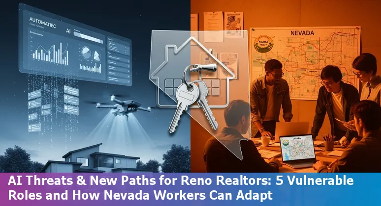 Reno skyline with real estate icons and AI circuit overlay, representing jobs at risk and adaptation paths.