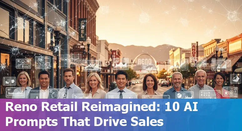Illustration of AI in retail: inventory shelves, chatbot, virtual try-on, and a Reno skyline backdrop