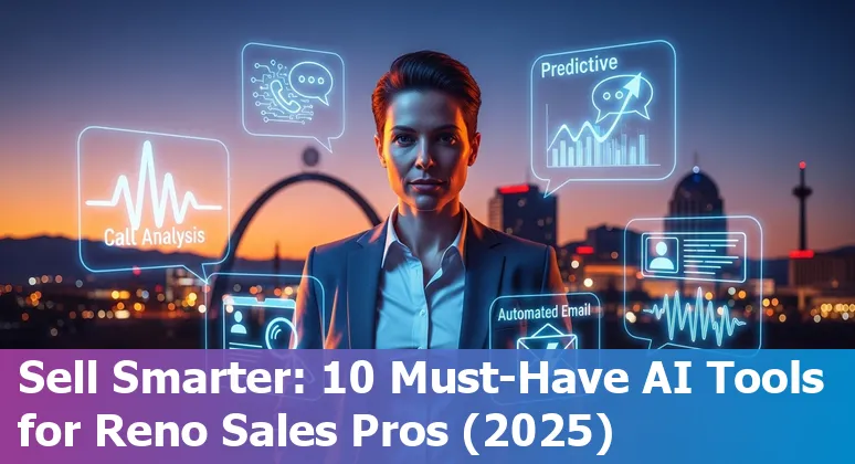 Sales professional using AI tools (Gong, ChatGPT, Clari) on laptop with Reno skyline background