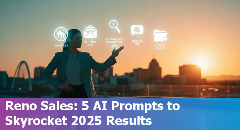 Sales professional in Reno using AI prompts on a laptop with Reno skyline in background