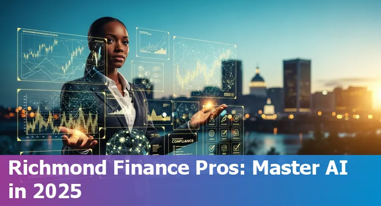 Finance professional using AI dashboard in Richmond, Virginia skyline in background
