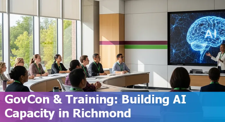 Richmond, Virginia government AI workshop image: officials learning AI tools at a Richmond 2025 event with Richmond skyline in background