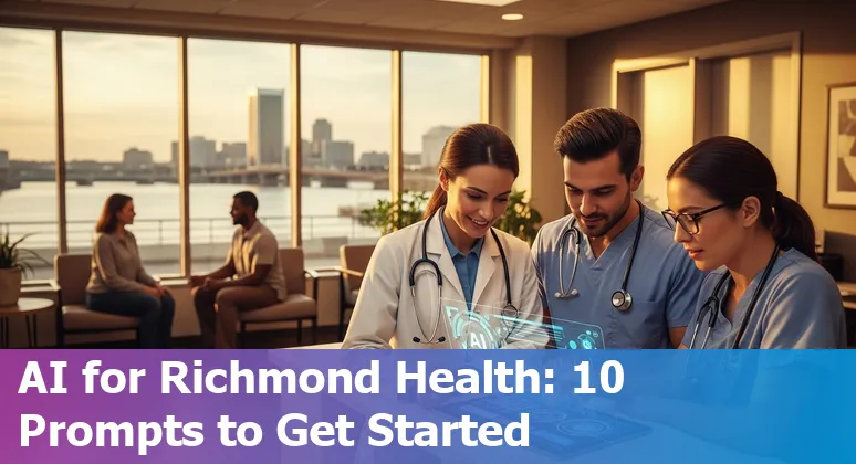 Healthcare worker using AI prompts on a tablet in Richmond, Virginia, with city skyline in background