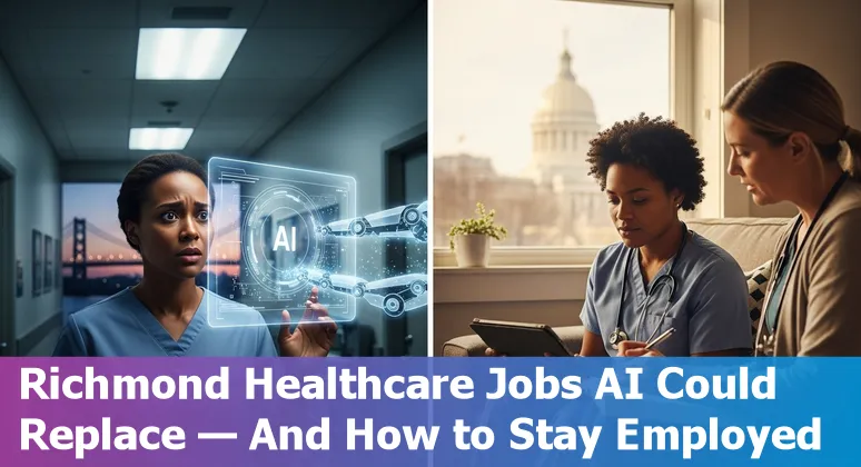 Healthcare workers in Richmond discussing AI tools at a clinic, illustrating jobs at risk and adaptation strategies.