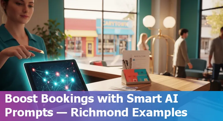 Hotel concierge using AI prompts on a laptop with Richmond skyline and James River in background