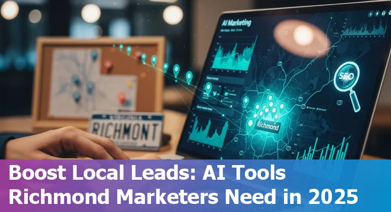 Richmond skyline with AI tool icons representing marketing tools like ChatGPT, BrightLocal, Ahrefs, SEMrush, and Xponent21.