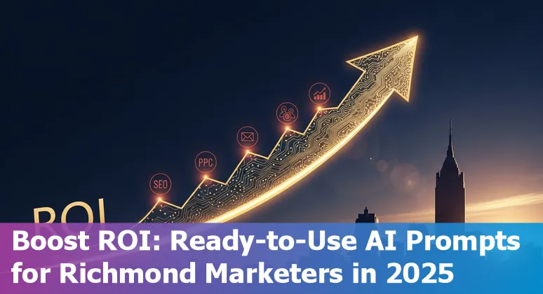 Richmond skyline with AI prompt icons for SEO, email, social, PPC, and analytics.