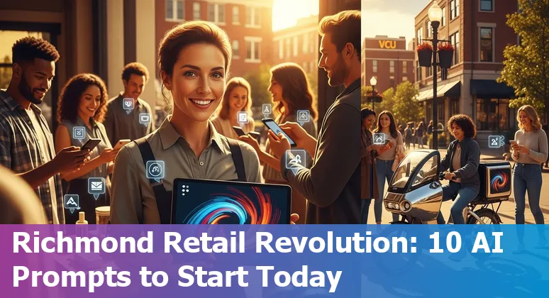 Richmond storefront with overlay icons for AI, chatbots, inventory charts and local landmarks like the James River.