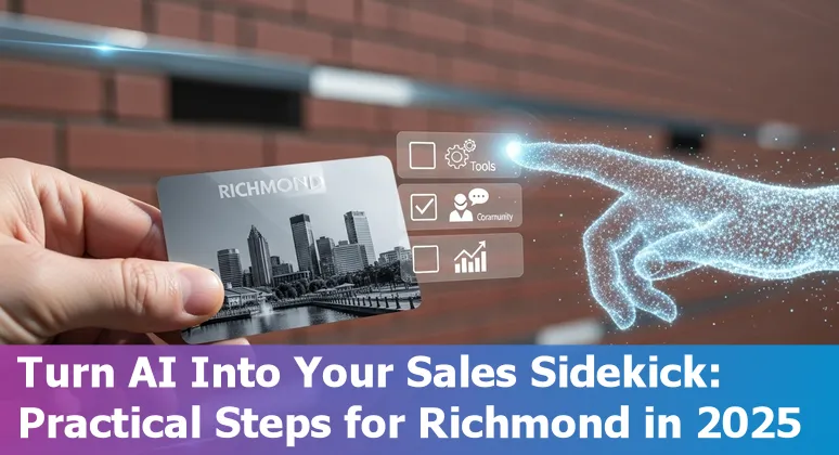 Salesperson using AI tools on laptop in Richmond, Virginia skyline background in 2025