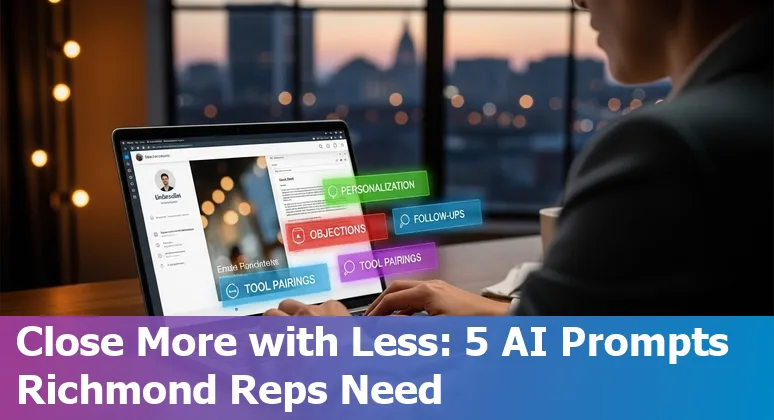 Sales professional in Richmond using AI tools on laptop with Richmond skyline visible.