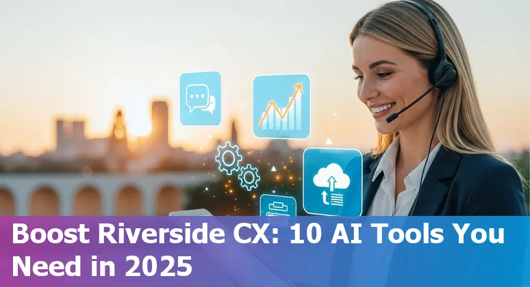 Customer service representative using AI chat tools on laptop with Riverside, California skyline backdrop.