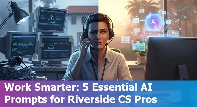 Customer service agent in Riverside using AI prompts on a laptop with an air-quality alert visible.