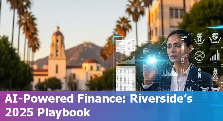 Finance professional using AI dashboard in Riverside, California with Riverside skyline visible
