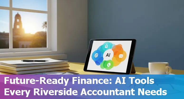 Finance professional using AI dashboards and spreadsheets with Riverside, California skyline in background