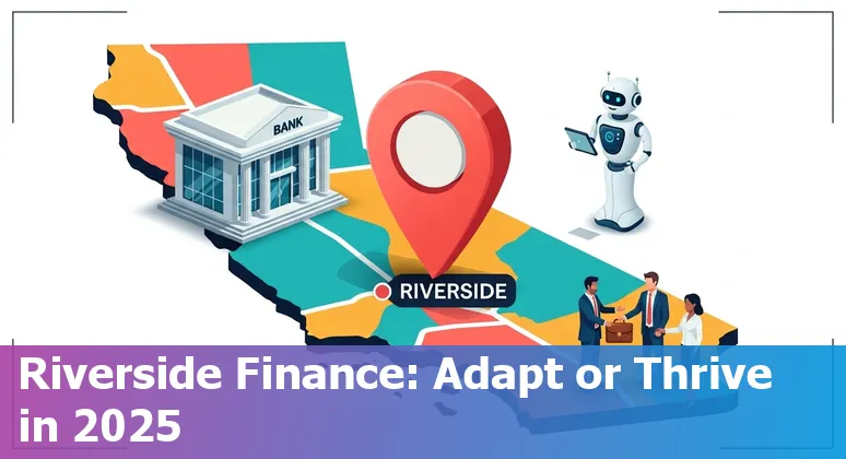 Finance professional using AI tools with Riverside, California skyline and Ohmio shuttle in background