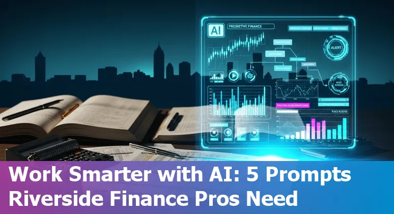 Finance professional using AI prompts on a laptop with Riverside, California skyline in the background
