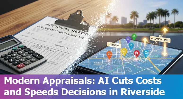 Riverside, California city skyline with AI and government icons representing efficiency improvements in California, US.