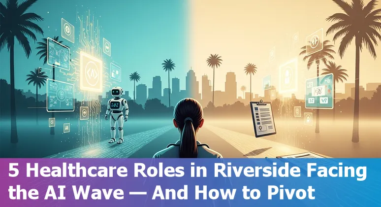 Healthcare worker at computer reviewing AI-assisted medical records with Riverside skyline in background