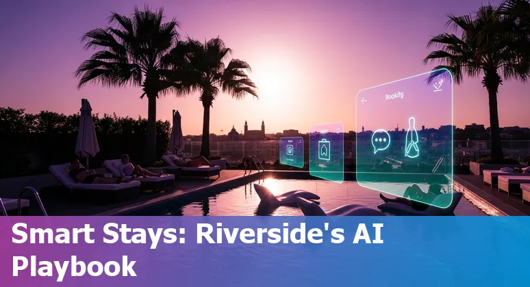 Hotel staff using AI tablet at a Riverside, California hotel lobby in the US