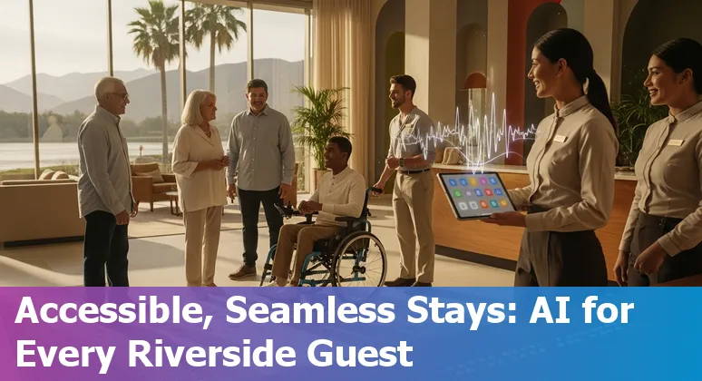 Hotel front desk with voice AI system and Riverside skyline showing hospitality technology integration.