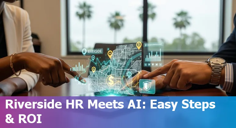 HR professional using AI tools on a laptop in Riverside, California skyline background, 2025