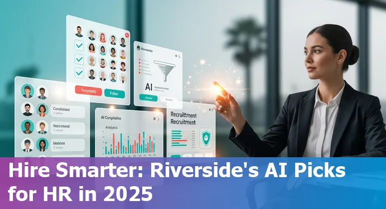HR professional reviewing AI tool dashboard on laptop with Riverside, California skyline in background.