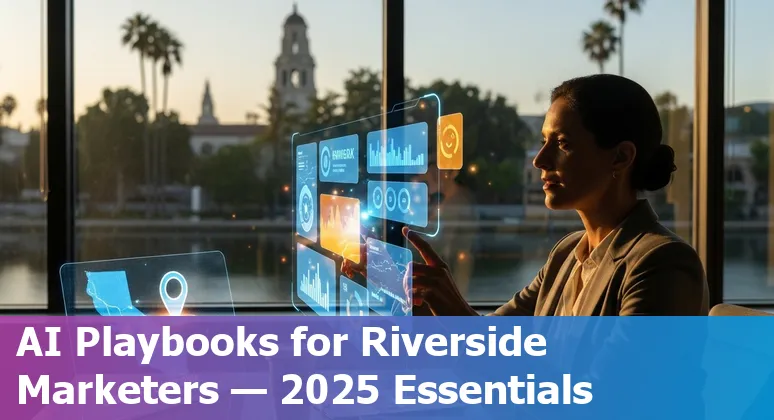 Marketer using AI dashboard with Riverside, California skyline in background