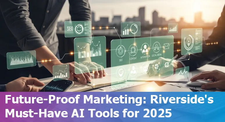 Collage of AI marketing tools logos with Riverside city skyline in the background