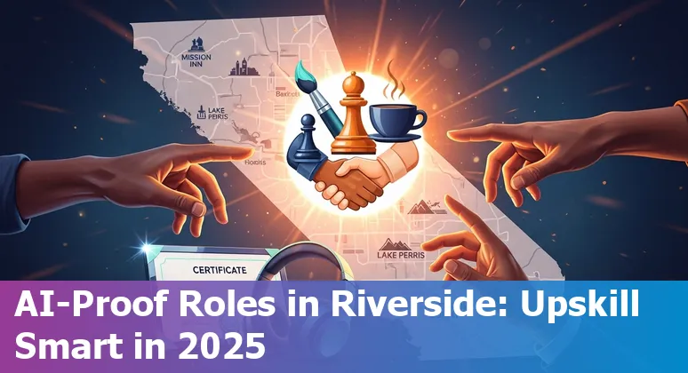 Marketing professional using AI tools beside a Riverside, California skyline — preventing job loss in Riverside, CA in 2025